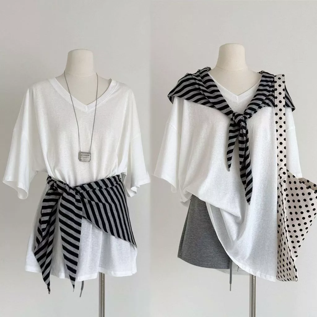 Hot Áo Thun Ngắn Tay Cổ Chữ V Phong Cách Retro Mỹ Mùa Hè Mới Dành Cho Nữ, Kiểu Dáng Rộng Rãi + Khăn Choàng Kẻ Sọc.