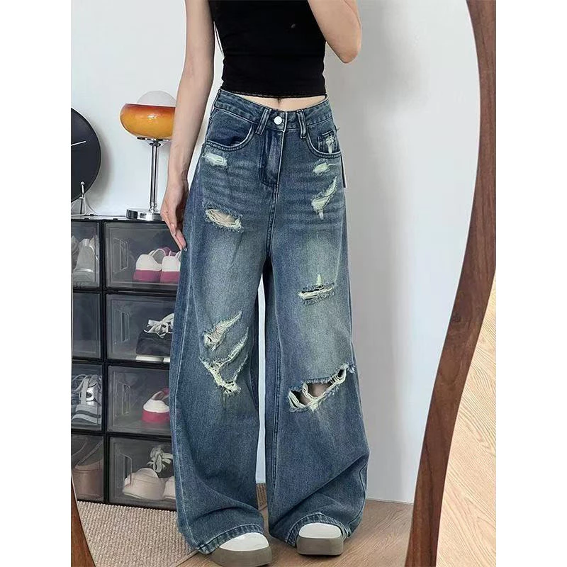 Quần jeans rách cạp cao màu xanh cổ điển dành cho phụ nữ dáng nhỏ, đa năng cho mùa xuân và mùa thu, dáng rộng