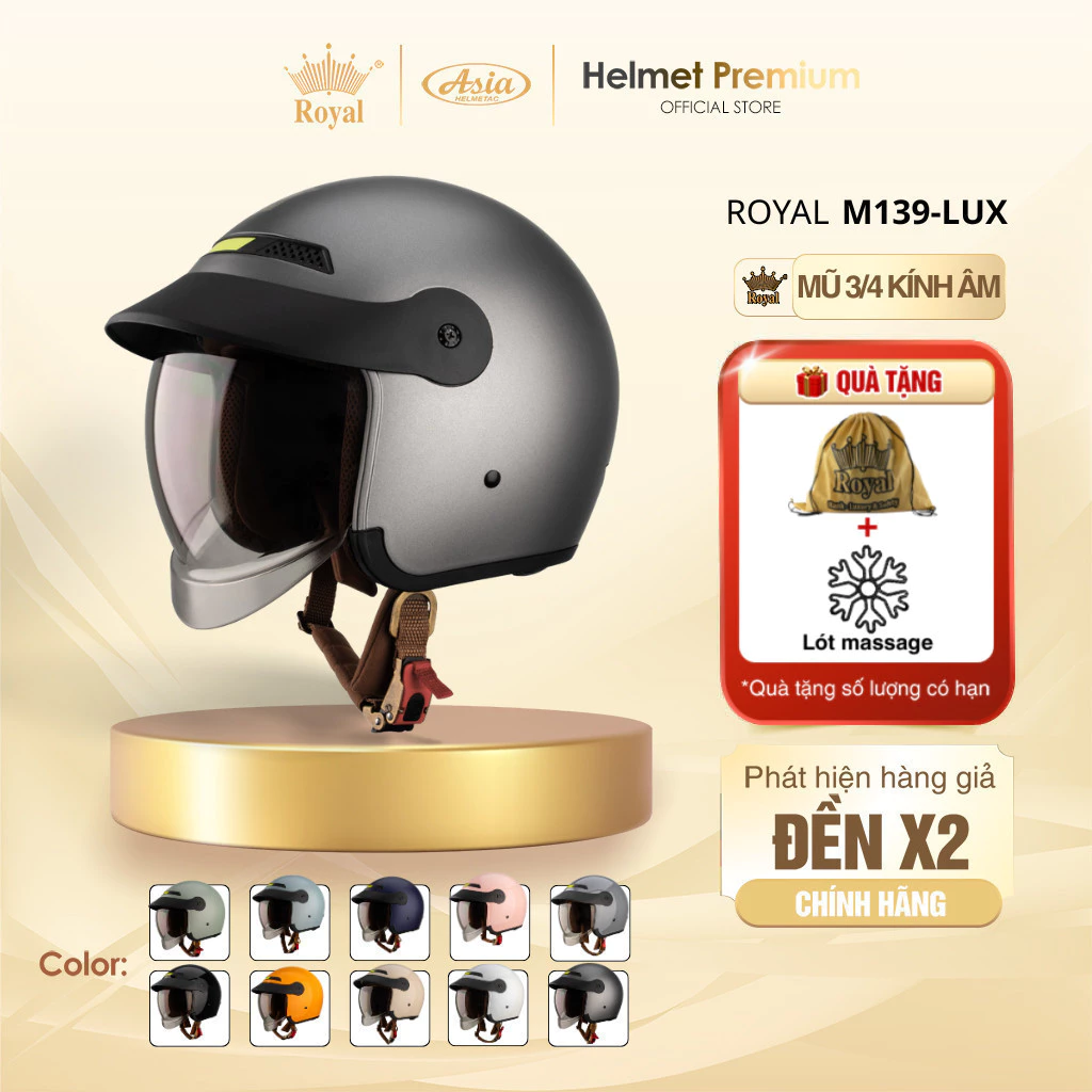 Mũ Bảo Hiểm 3/4 Royal M139 Lux Kính Âm Màu Trà, Lưỡi Trai, Vỏ Nhựa Abs. Bảo Hành Chính Hãng 12 Tháng