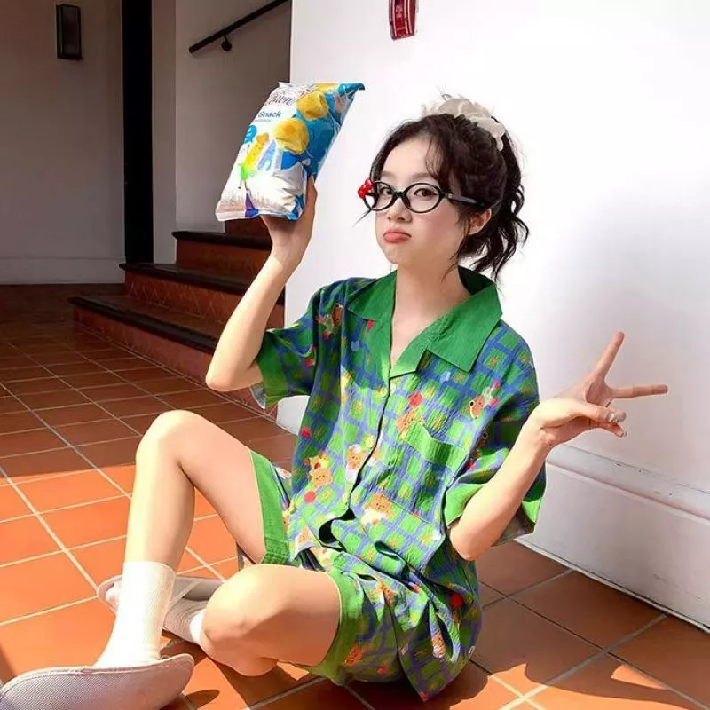 Bộ đồ ngủ cotton mỏng nhẹ cho nữ, áo cardigan ngắn tay, quần short, bộ đồ mặc nhà dễ thương, phong cách hoạt hình.