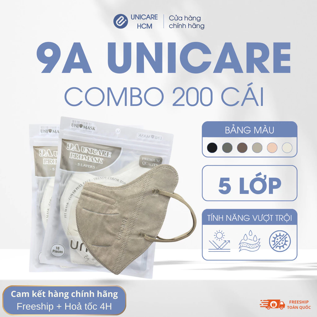 [Combo 200 cái] Khẩu trang 9A UniMask chính hãng cao cấp, che kín mặt, chống UV