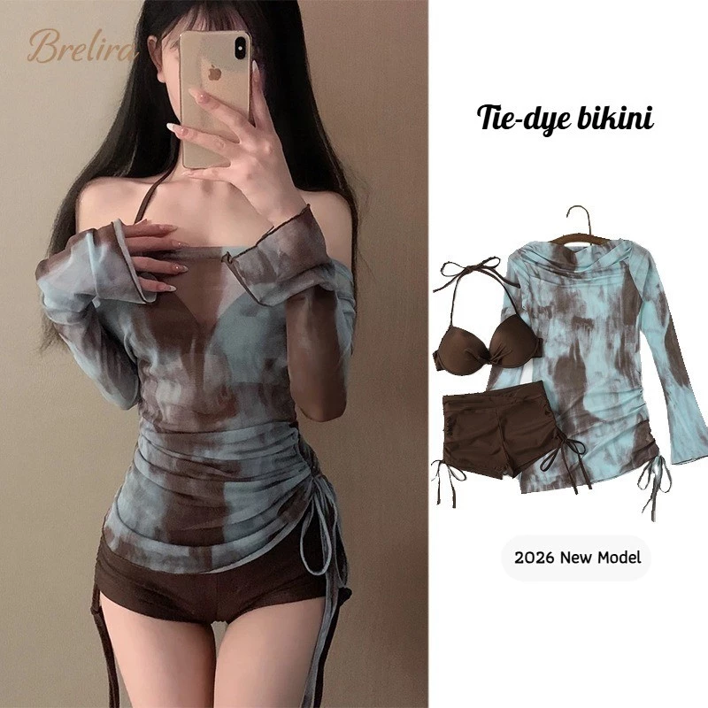 Bikini 3 trong 1 họa tiết nhuộm tie-dye độc   đáo của Brelira, kiểu dáng ôm sát, nhanh khô, thời trang, gợi cảm, không dây, tay dài.
