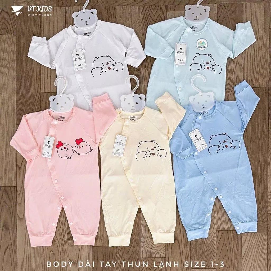 Bộ body dài tay cho bé sơ sinh 3-9kg, chất thun mềm mịn màu VT, dễ dàng sử dụng với cúc bấm tiện lợi.
