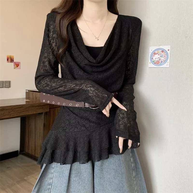 [Pre-Order]-Áo kiểu Pháp thời trang và trẻ trung, thiết kế cổ chữ V có bèo nhún, ôm dáng, đa năng, tôn eo, tay dài dành