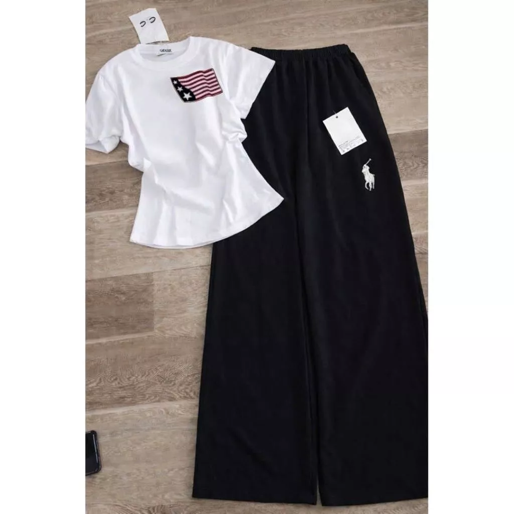 sét bộ quần da cá ngựa đen dài 95cm+ phối kèm áo Croptop ngắn LÁ cờ mỹ a-thuba94