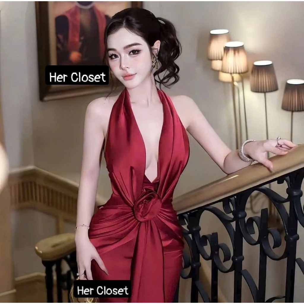 [HÀNG LOẠI 1 - CHẤT THUN] Váy thun cổ yếm dáng dài phối hoa siêu body sang chảnh, đầm cổ yếm, đầm body, đầm đi tiệc,sẵ..