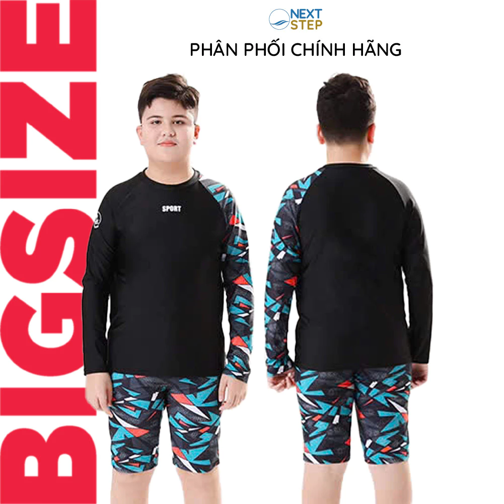 Bộ đồ bơi bé trai BIGSIZE tay dài quần ngắn kèm mũ Size từ 34-73kg