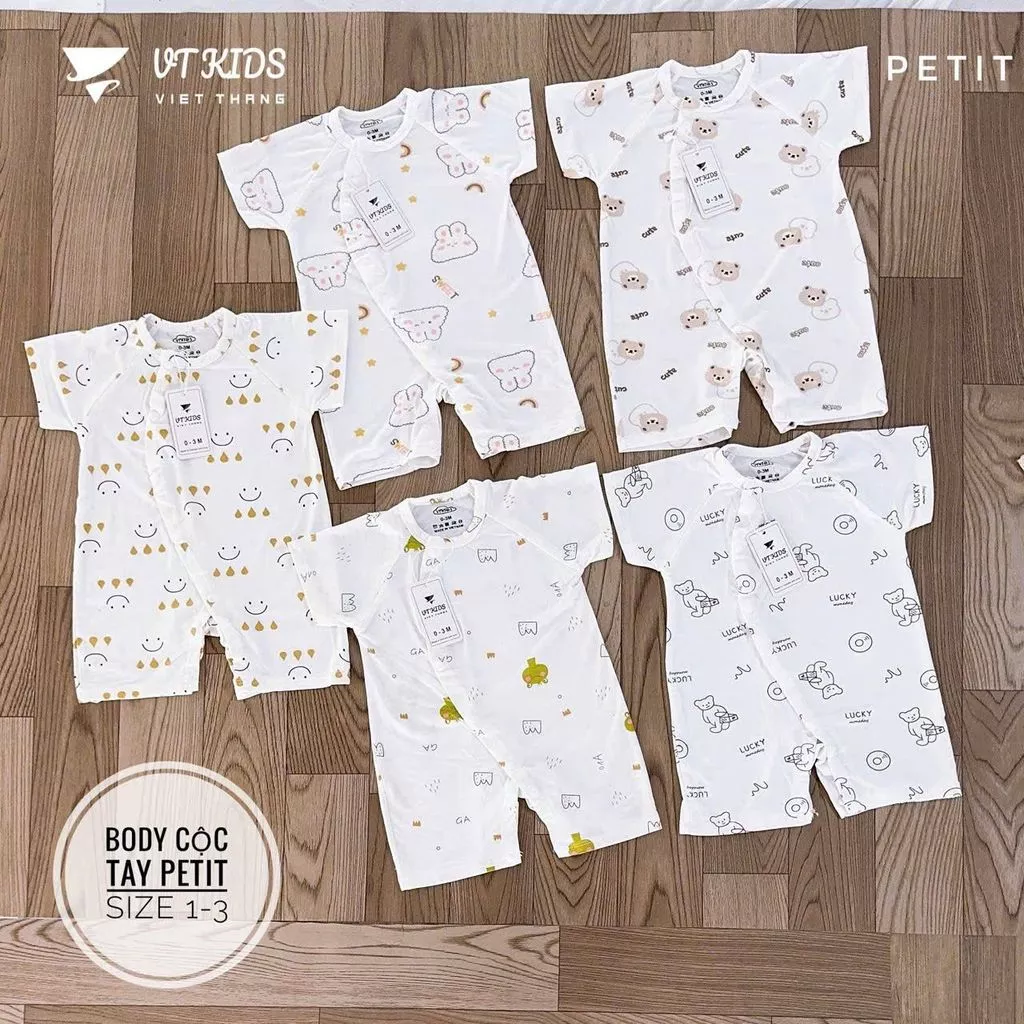 Bộ body cộc tay cho bé sơ sinh 3-9kg, chất liệu thun mềm mại, dễ mặc với cúc bấm tiện lợi, an toàn và thoải mái.
