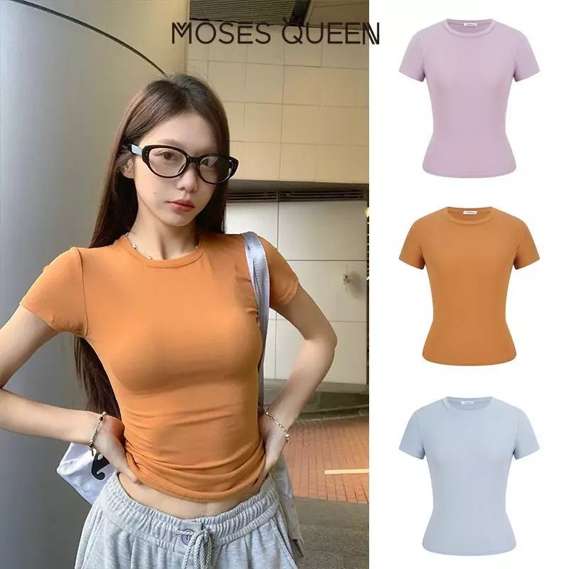 MOSESQUEEN Áo Thun Ngắn Tay Cổ Tròn Màu Macaron, Co Dãn, Phù Hợp Mặc Hàng Ngày #63402