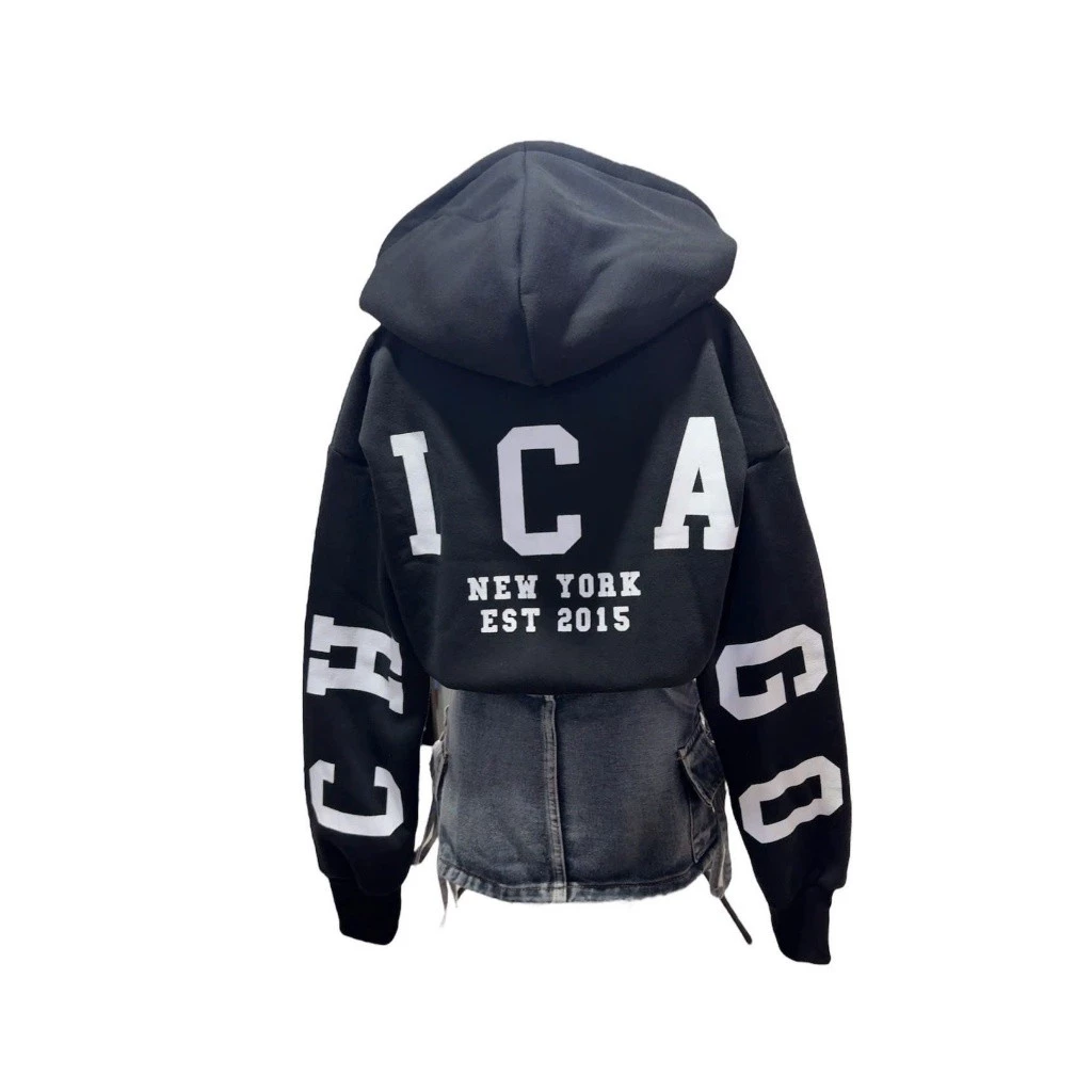 ÁO KHOÁC HOODIE NỈ NỮ CROPTOP THÊU BÔNG HOA Ở NGỰC CHỮ CHICAGO SAU ÁO XSTT FASHION