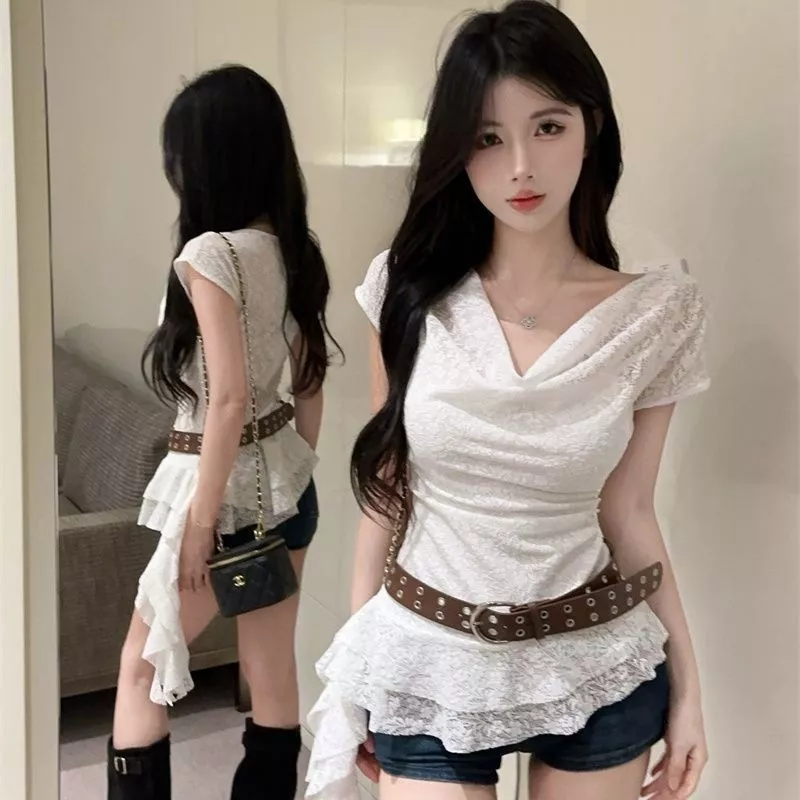 Áo Trễ Vai Cổ Đổ Ren Trắng Bigsize Áo Mùa Hè Thời Trang Mới Có Thắt Lưng