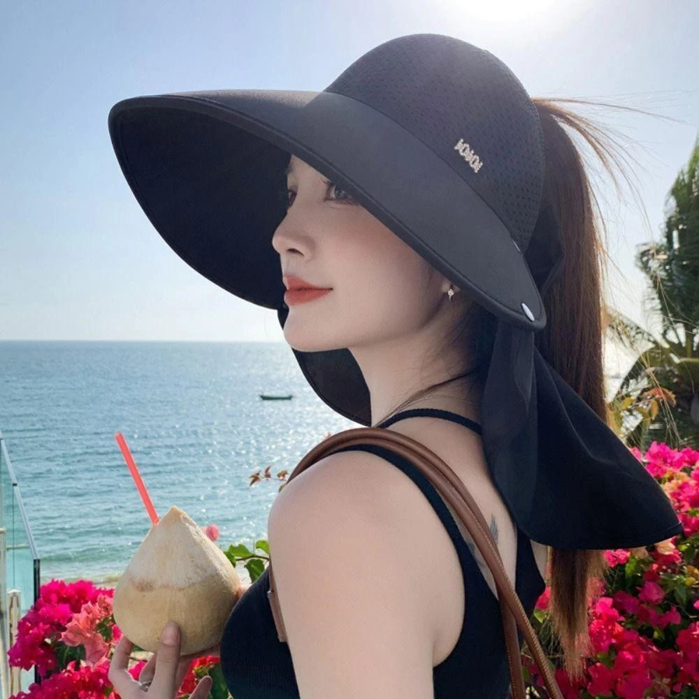 Mũ chống nắng mùa hè ngoài trời chống tia cực tím rỗng Mũ mở rộng vành lớn có khăn choàng gáy có thể tách rời