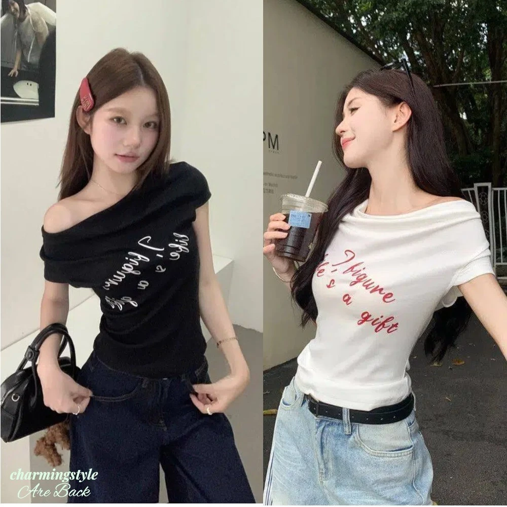 Áo Thun Ngắn Tay Ôm Sát, in Chữ, Trễ Vai, Kiểu Dáng Thời Trang Mới Mùa Hè Dành Cho Nữ.