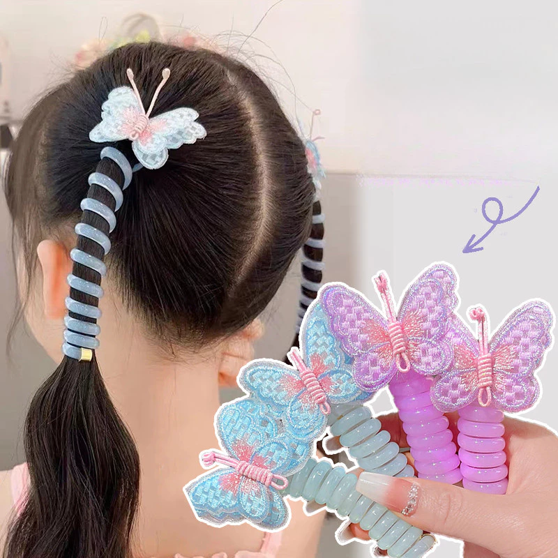 Sét 2 dây cột tóc, buộc tóc dạng lò xo xoắn tạo kiểu, nhiều màu, có đính cánh bướm dễ thương, gọn gàng mái tóc cho bé