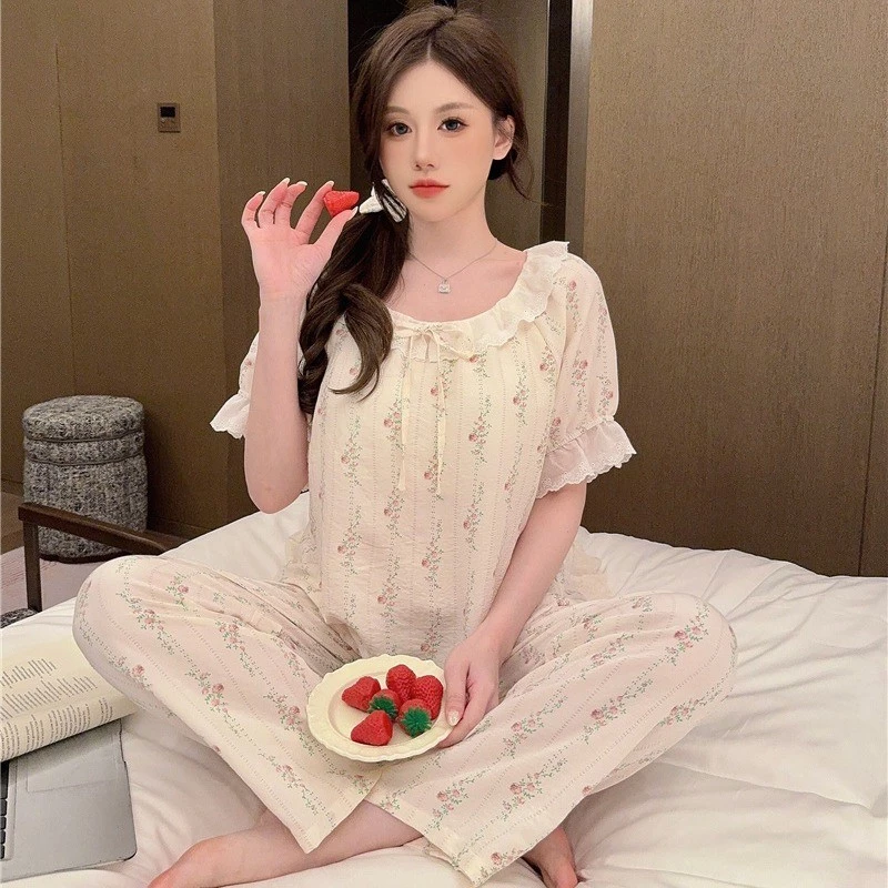 Bộ đồ ngủ mùa hè nữ, chất liệu cotton dệt, họa tiết hoa hồng, rộng rãi và thoải mái, có thể mặc ra ngoài,