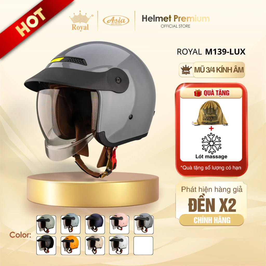 Mũ Bảo Hiểm 3/4 Royal M139 Lux Lưỡi Trai, Nón Bảo Hiểm Kính Âm Màu Trà Chống Nắng Bảo Hành 1 Năm