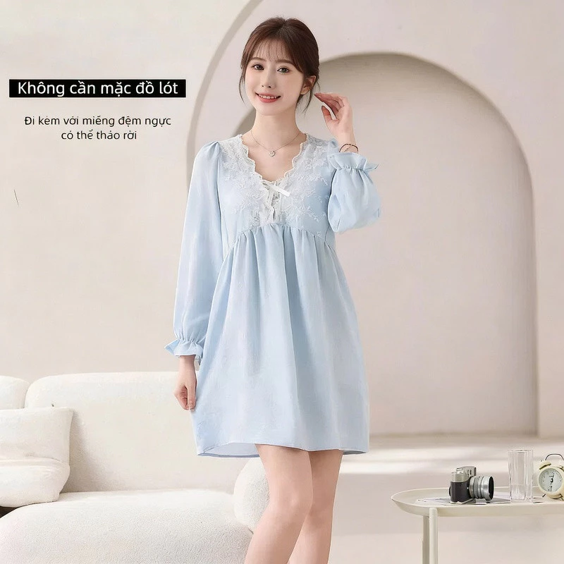 Váy ngủ phong cách công chúa Pháp, Váy ngủ dài tay cổ chữ V thêu tinh tế bằng vải Cotton