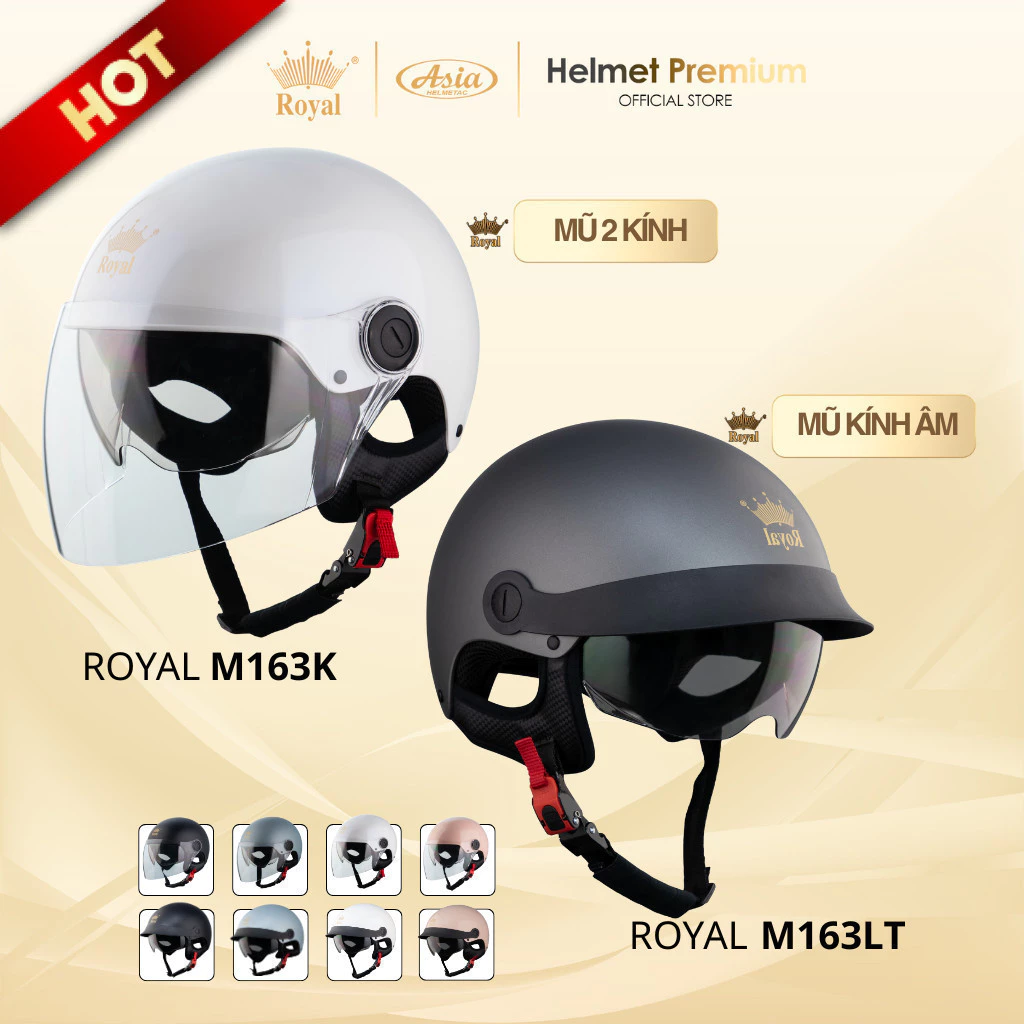 Mũ Bảo Hiểm Nửa Đầu Royal Series M163K và M163LT Size M/L/XL Chống Nắng Chống Bụi Vỏ Abs Lót Vải Êm