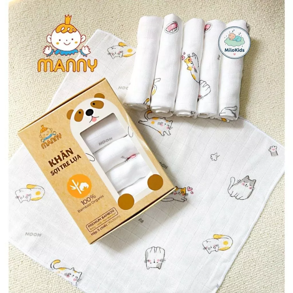 Hộp 5 Khăn Sữa Sợi Tre 2 Lớp MANNY Chính Hãng Cao Cấp, Mềm Mịn Và Thấm Hút, An Toàn Cho Làn Da Bé KT 30x30cm