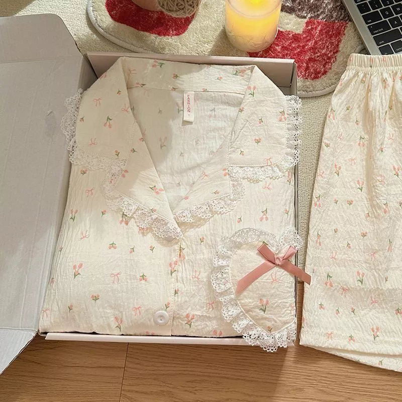 Bộ đồ ngủ ren in hoa tulip dành cho nữ, bộ ba món tay ngắn mùa hè, chất liệu cotton