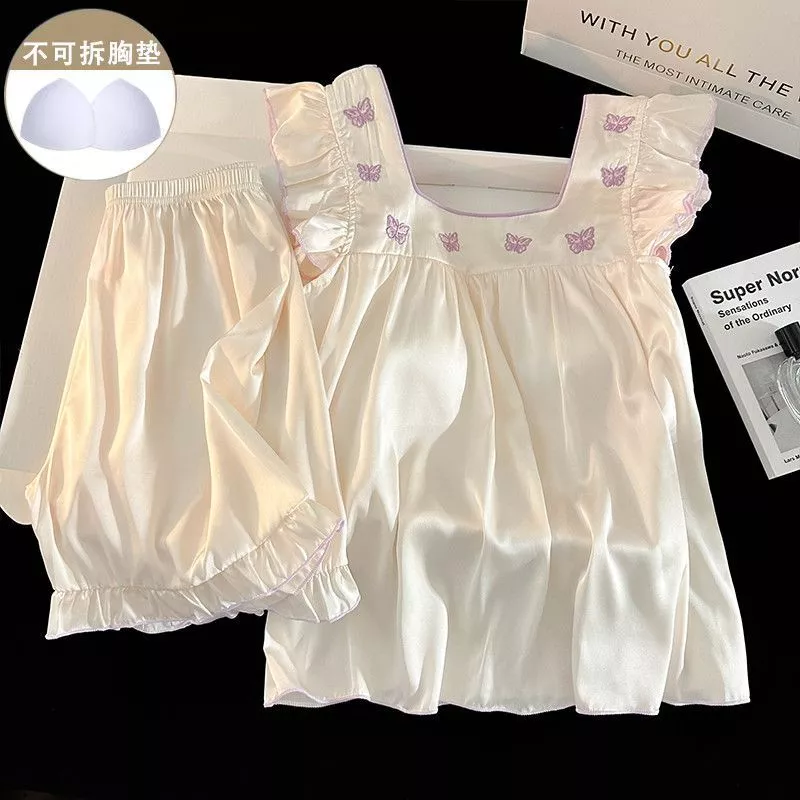 Bộ đồ ngủ mùa hè kiểu mới dành cho nữ, có đệm ngực, áo hai dây mát lạnh, quần đùi, bộ hai món mặc nhà - Hàng Order