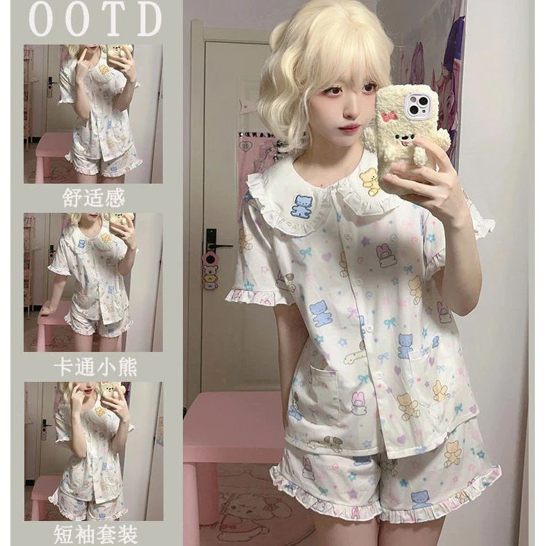Bộ đồ ngủ ngắn tay họa tiết gấu dễ thương kiểu hoạt hình dành cho bé gái, mẫu mới mùa hè, có thể mặc ra ngoài,