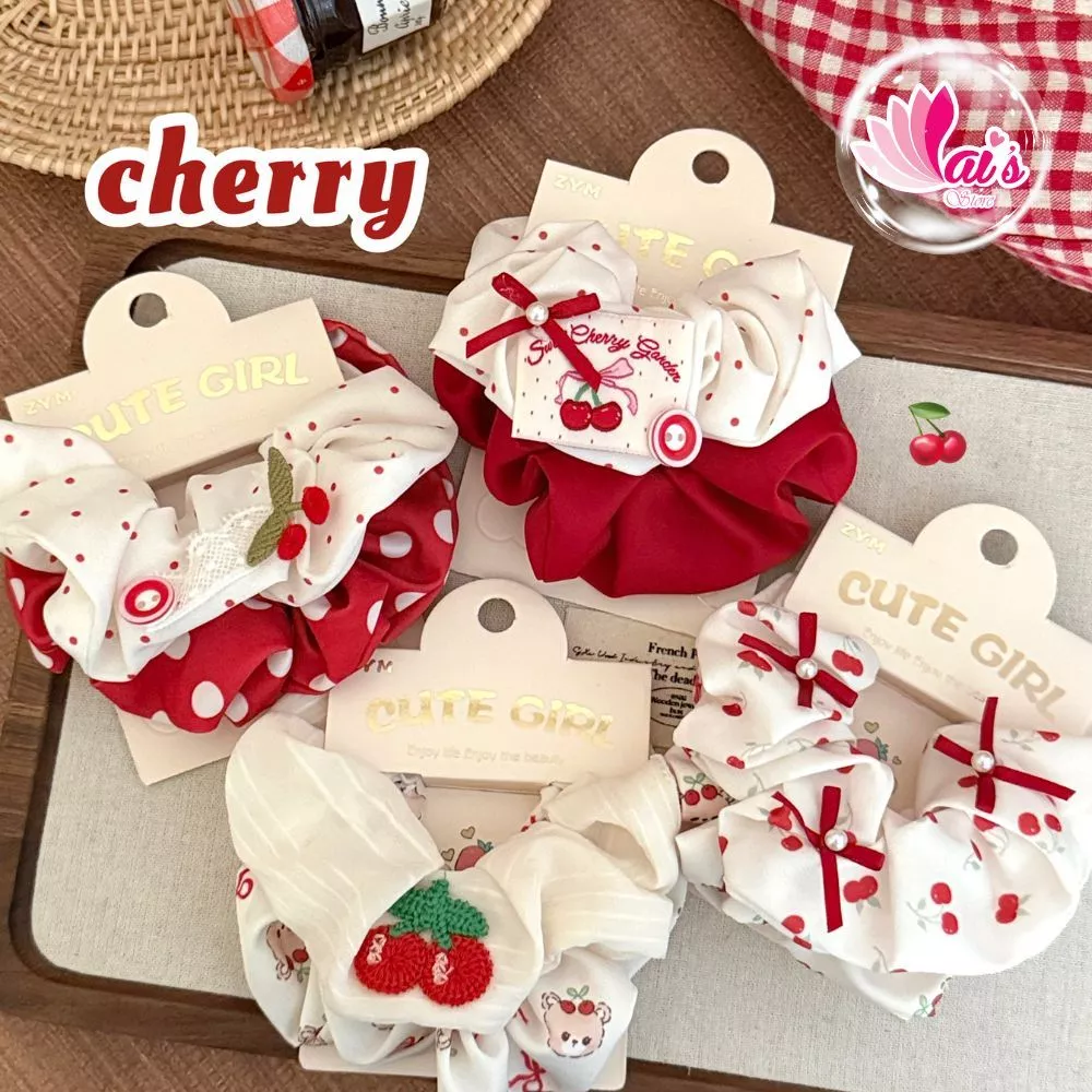 Set 2 Dây Buộc Tóc Scrunchie Cherry Dễ Thương Thun Buộc Tóc Vải Mềm Phong Cách Hàn Quốc