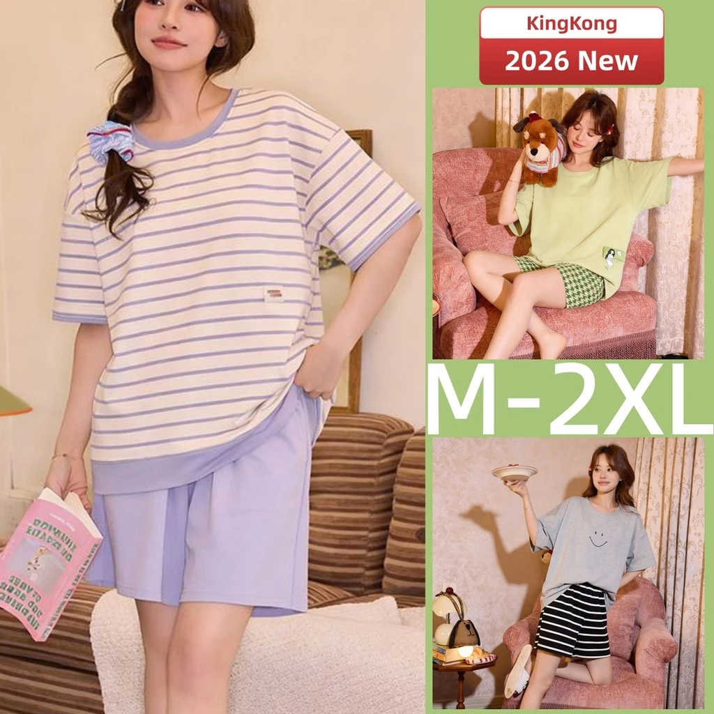 Bộ Đồ Ngủ Cotton Phù Hợp Mùa Hè, Thiết Kế Sọc Dễ Thương, Tay Ngắn và Mỏng