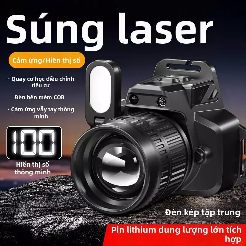 Đèn LED Thu Phóng Tiêu Cự, Đèn Pin Đội Đầu Cảm Biến, 1 Đèn Chính + 1 Đèn Phụ, Ánh sáng Trắng -Đỏ