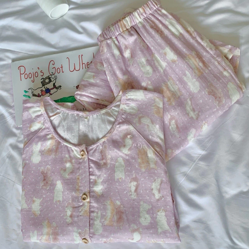 Mùa Xuân Mùa Hè Hai Lớp Sợi Cotton Bộ Đồ Ngủ Phong Cách Hàn Quốc Ngọt Ngào Dễ Thương Thường Ngày Rời Quần Dài Tay La