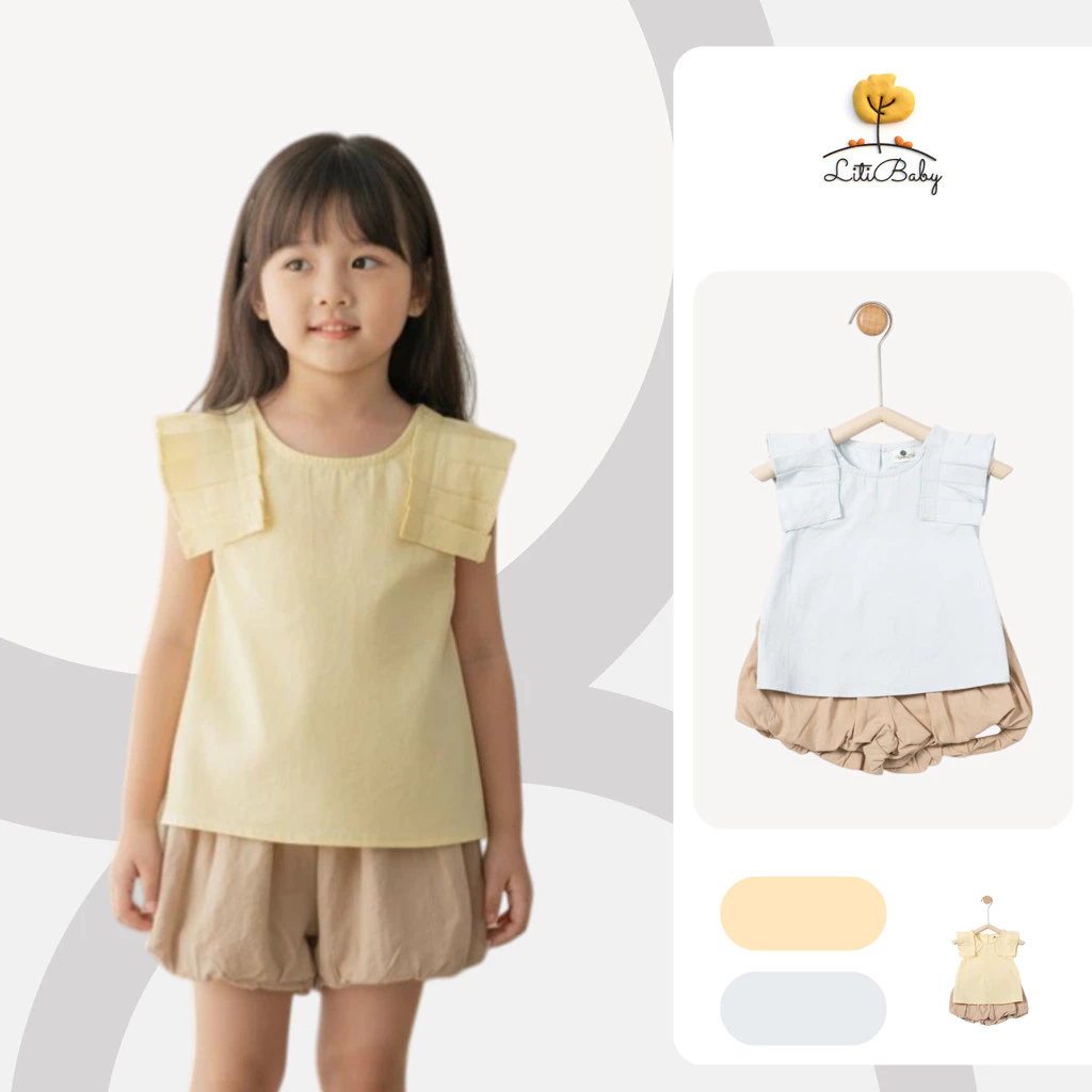 Bộ Bé Gái Áo Bèo Vai Màu Vàng Nhạt Kèm Quần Bloomer LITIBABY cho bé từ 2-6 tuổi  VT04