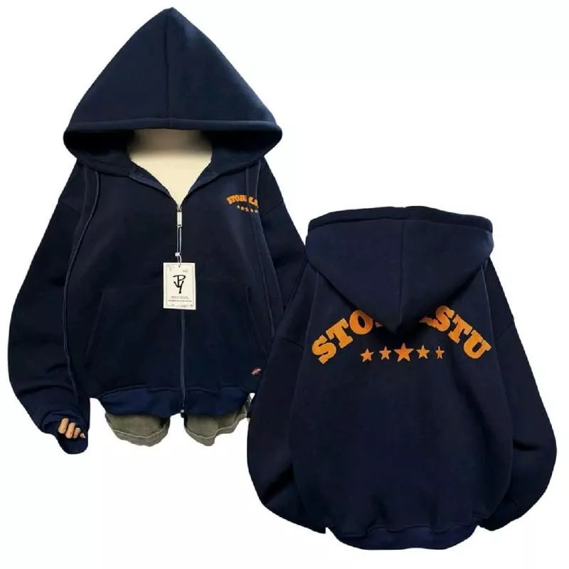 Áo Khoác Hoodie Unisex Nam Nữ Zip Form Rộng Logo In STORMSTU 5 SAO
