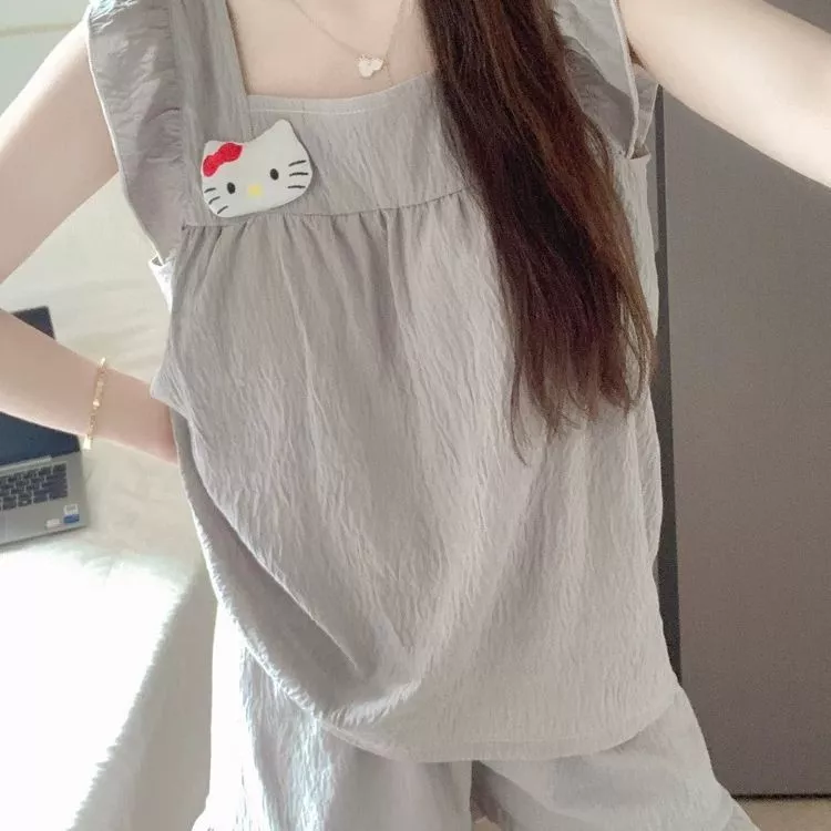 Bộ đồ ngủ mùa hè mới dễ thương hình mèo Kitty dành cho nữ, áo không tay có dây đeo, quần ngắn có đệm ngực - Hàng Order