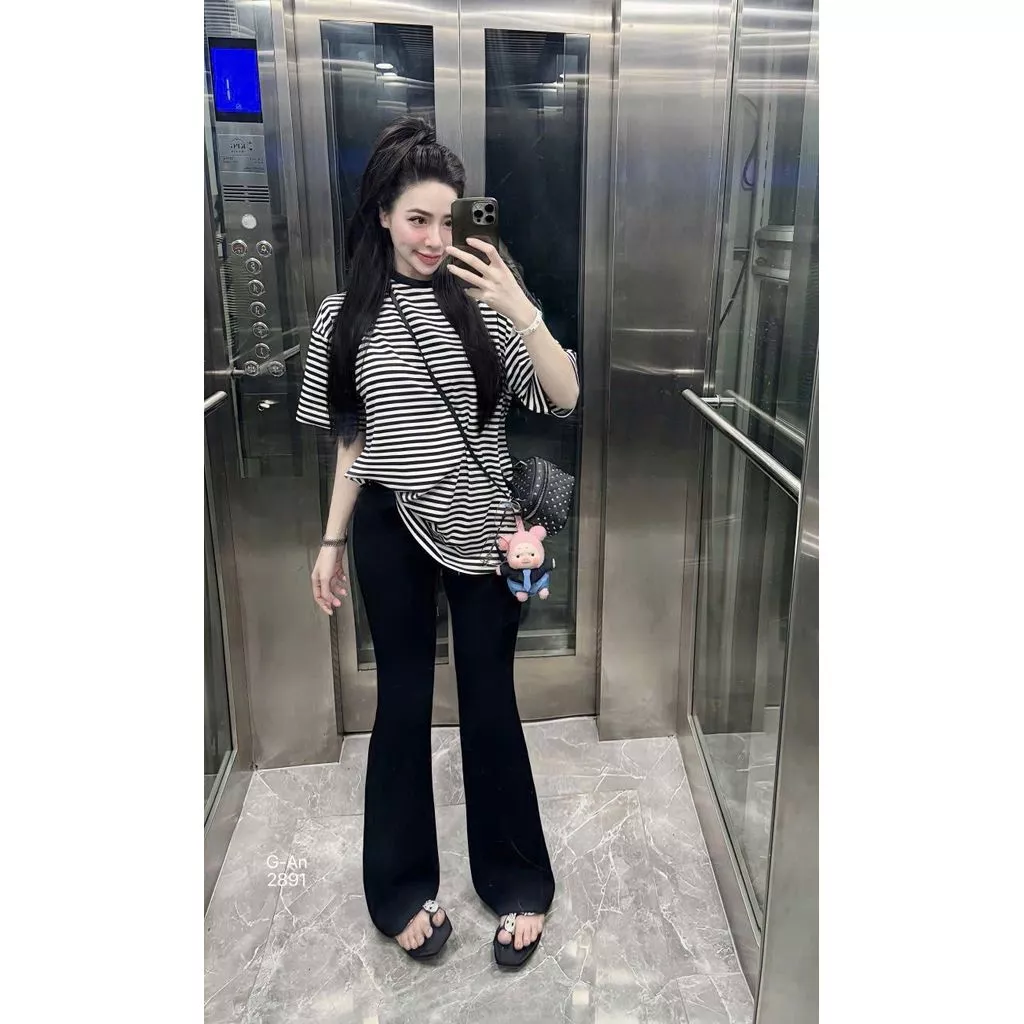 Bộ Áo Thun Kẻ Ngang Vằn Dễ thương Phối Quần Dài Ống Loe Chất Liệu 100% Cotton Mềm Mát