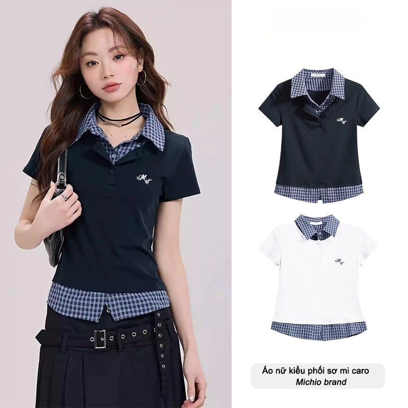 Áo Nữ Kiểu  Phối Sơ Mi Caro Ngắn Tay Form Ôm Thêu Ngực Cao Cấp Phong Cách Hàn Quốc