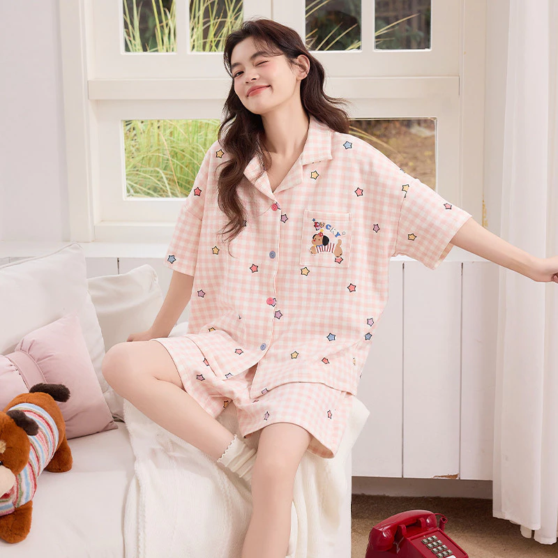 Bộ Đồ Ngủ Braless Tay Ngắn Kẻ Sọc Cho Phụ Nữ, Váy Ngủ Hoạt Hình Dễ Thương Để Mặc Nhà Mùa Hè