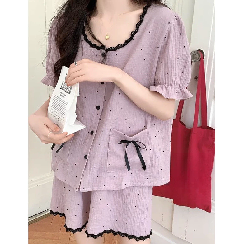 Bộ đồ ngủ chấm bi kiểu Hàn Quốc dành cho nữ, mẫu mới mùa hè, bộ đồ mặc nhà cổ tròn viền ren, có thể mặc ra ngoài