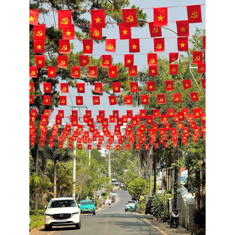 Cờ dây sao Tổ Quốc- cờ dây Sao Đảng in 2 mặt, vải sattanh chịu nắng mưa trang trí đường phố, trường học dịp Lễ Tết.