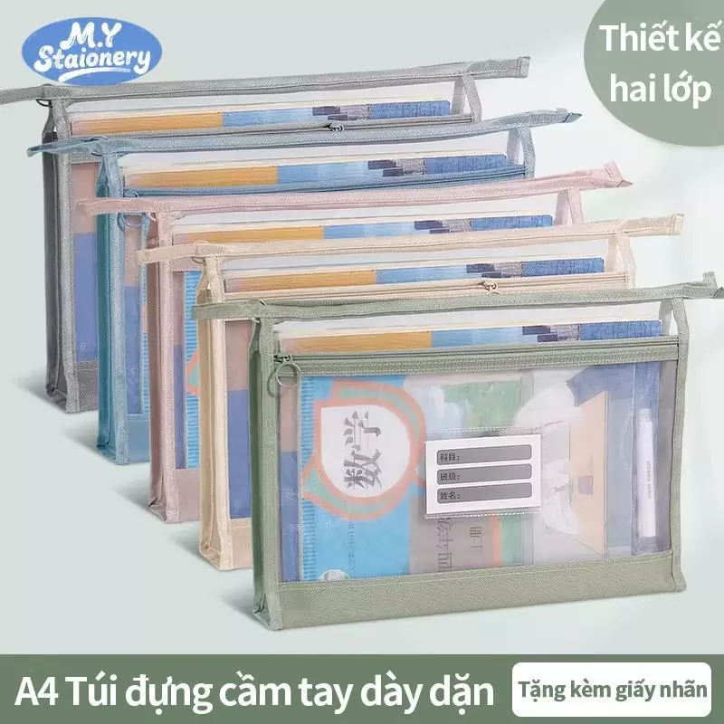 Túi đựng sách, vở, tài liệu trong suốt, chất liệu vải lưới dày, nhiều ngăn lớp, có tay cầm dễ dàng mang đi