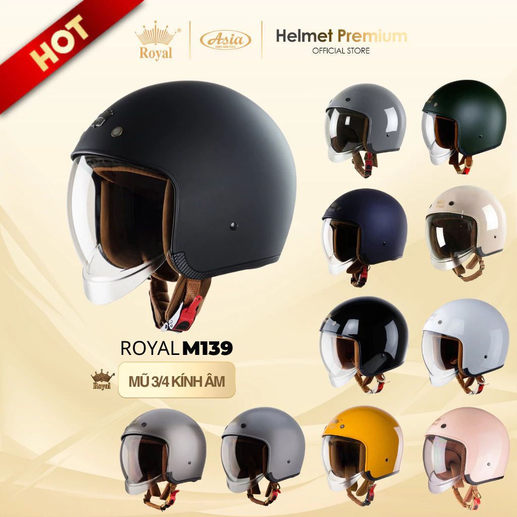 Mũ Bảo Hiểm Royal M139 Kính Âm Chính Hãng, Kiểu Dánh 3 Phần 4 Tiện Lợi, An Toàn, Thời Trang, Vintage