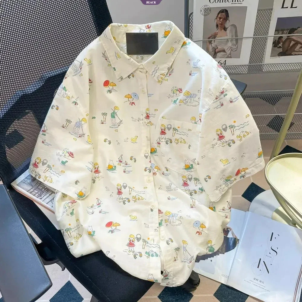 Áo sơ mi tay ngắn style Nhật Bản với họa tiết hoạt hình đáng yêu và doodle hoa - Thiết kế độc đáo cho mùa hè