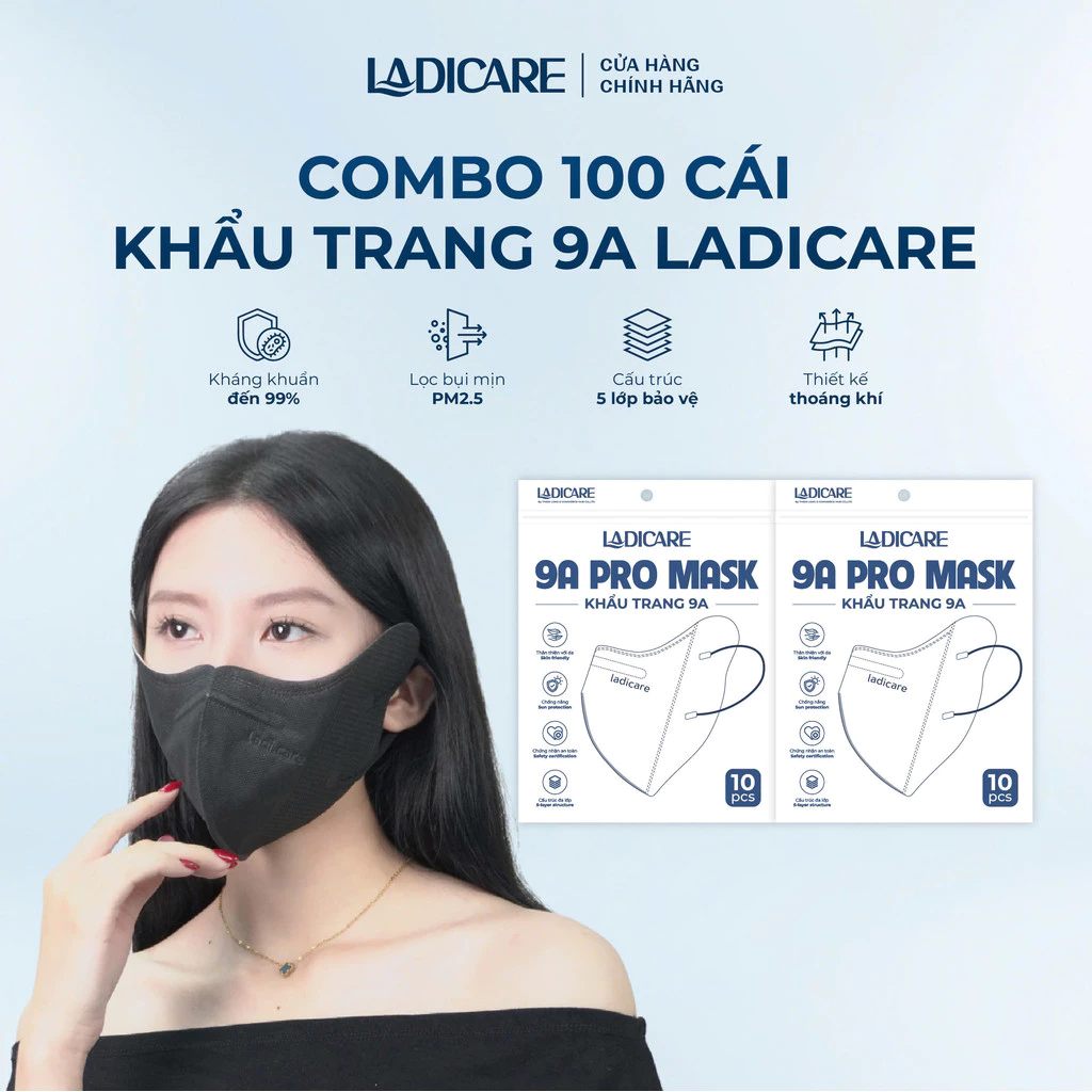 Khẩu trang 9A PRO MASK LADICARE 100 CÁI với 5 lớp siêu dày, chống nắng toàn diện, ôm trọn khuôn mặt