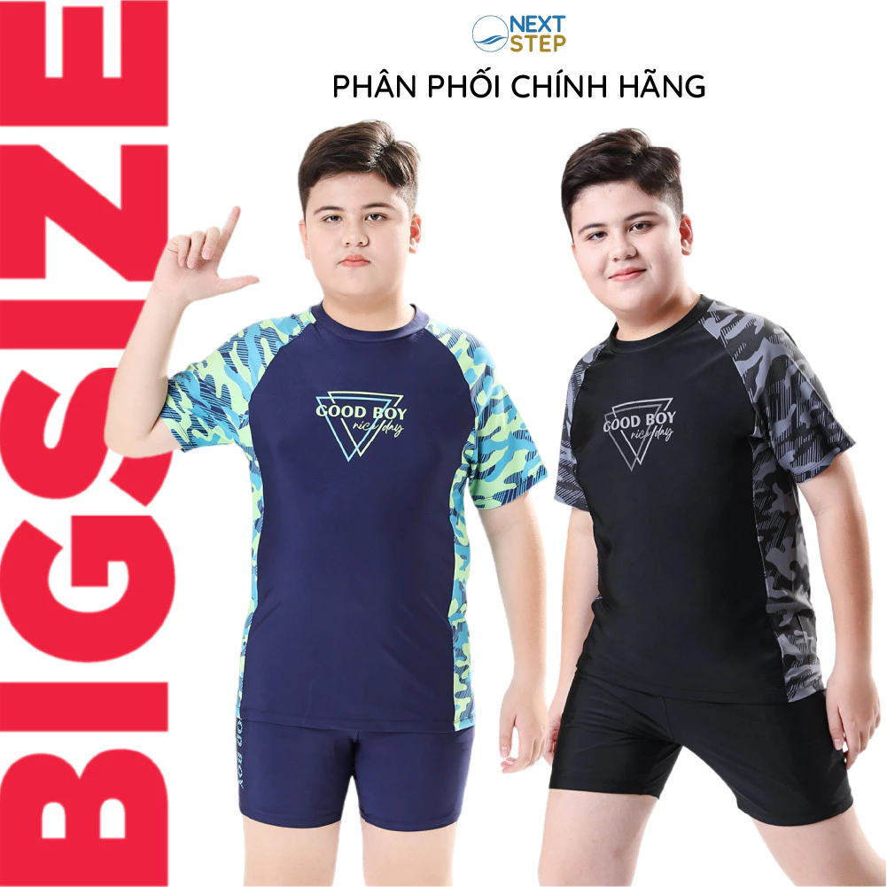 Đồ bơi bé trai BIGSIZE tay ngắn quần ngắn kèm mũ, size từ 34kg - 73kg