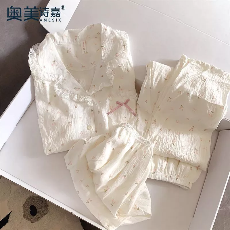 Bộ Đồ Ngủ Cotton Ba Món Dành Cho Nữ, Tay Ngắn Mùa Hè, Mỏng, Viền Ren Ngọt Ngào, Họa Tiết Hoa Hồng, Đồ Mặc Nhà-Hàng Order