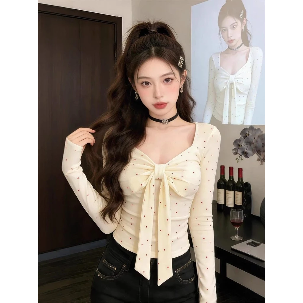 Áo Thun Nữ Dài Tay Cổ Vuông Mùa Xuân Thu Mới Thời Trang Nơ Dài Tay Top