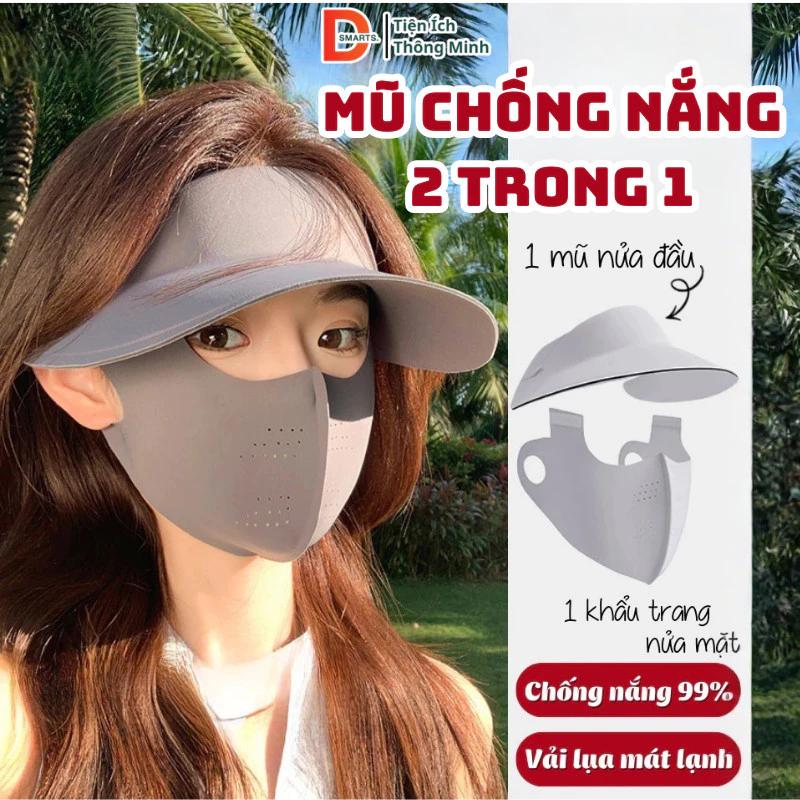 Mũ Kèm Khẩu Trang Dsmarts  Chống Nắng 2 Trong 1 Toàn Mặt Chất Lụa Hàn Mát Lạnh, Ngăn Tia Cực Tím Tia UV Mùa Hè
