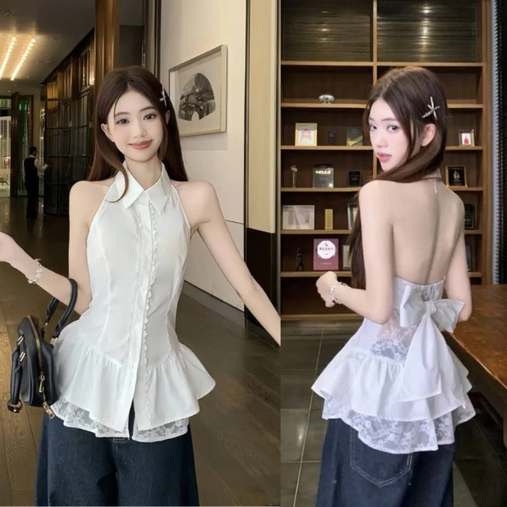 Áo Sơ Mi Trắng Sát Nách Phối Ren, Áo Kiểu Phối Nơ Cổ Sơ Mi Dễ Mix Đồ Cho Nàng Mặc Đi Chơi, Thời Trang Mới, Sang Chảnh