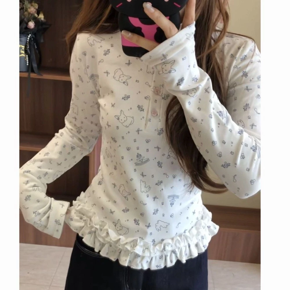 Áo Thun Dài Tay Phong Cách Hàn Quốc Dành Cho Nữ Xuân Thu Thời Trang Mới Mỏng in Hình Thỏ Bên Trong Áo Sơ Mi Đáy Top