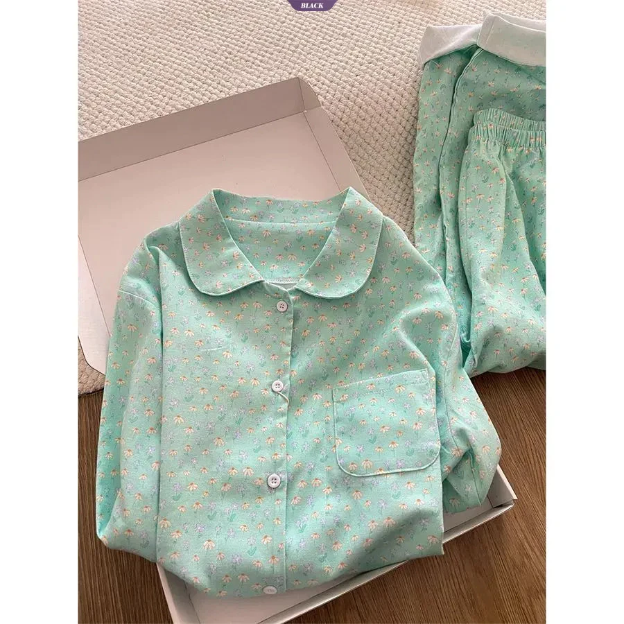 Bộ đồ ngủ hai mảnh phong cách Hàn Quốc với họa tiết hoa tươi, áo quần dài tay dành cho nữ