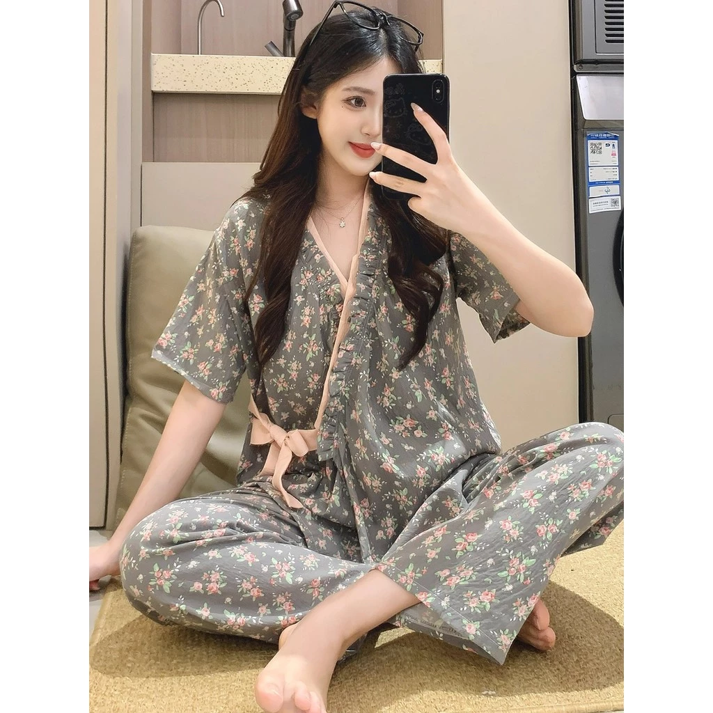 Bộ đồ ngủ mới 2026, chất liệu cotton cao cấp, phong cách ren ngọt ngào, áo ngắn tay + quần dài, đồ mặc nhà – dây rút thanh lịch, thời trang